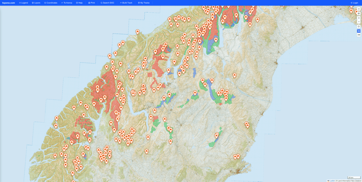 TopoNZ map showing DOC huts, tracks, and avalanche terrain across New Zealand